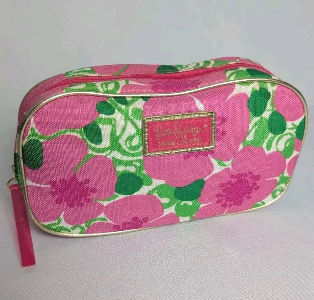 Lilly Pulitzer Estee Lauder Zipper Cosmetic Case Bag Pouch Pink Green Floral